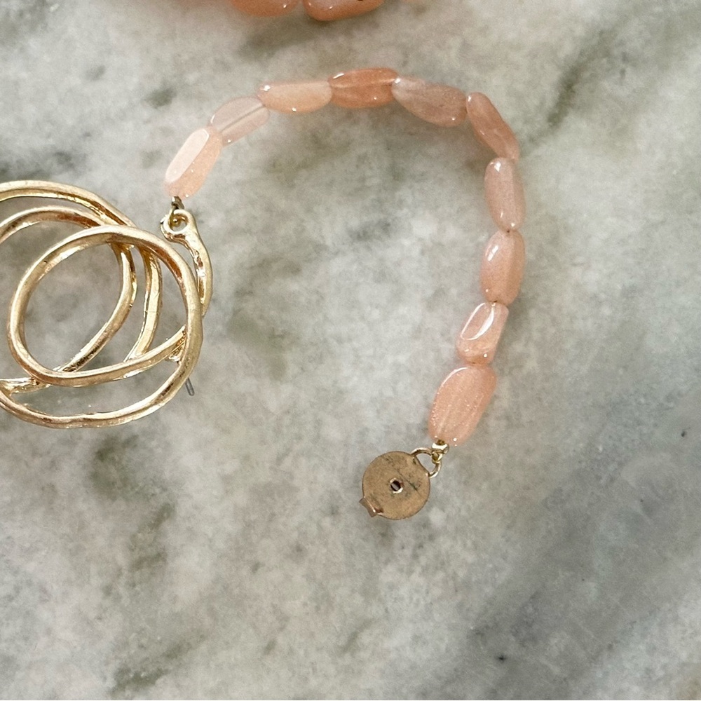 Gold & Pink Beaded Multi Layer Hoop Post Earrings
